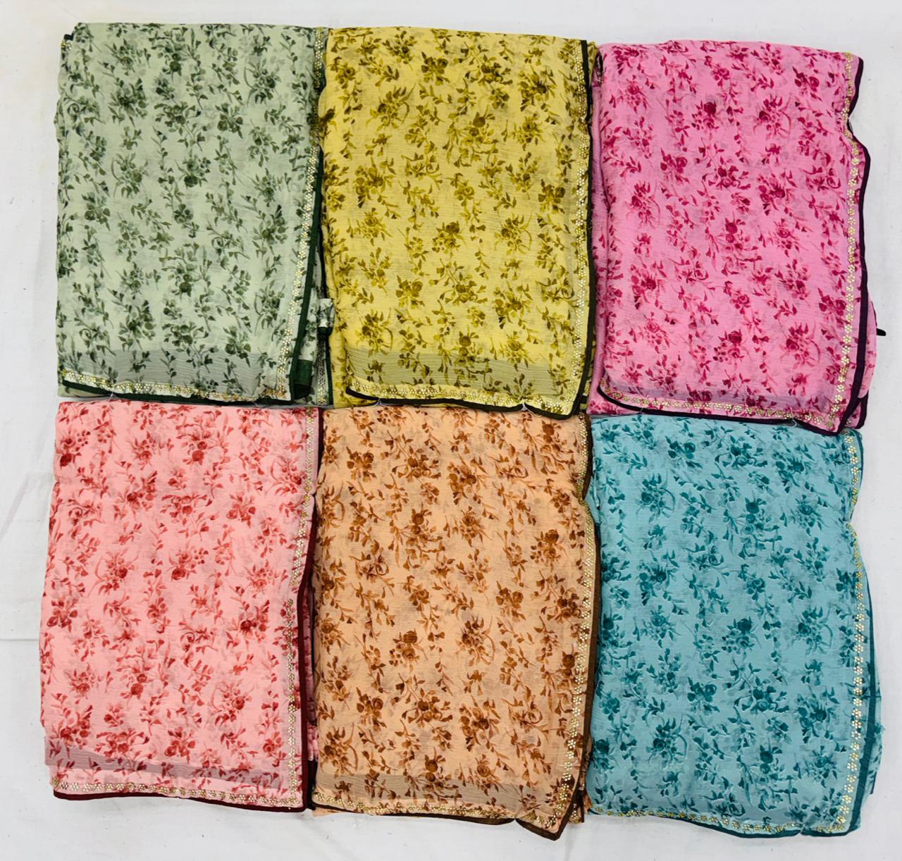 Printed Chiffon -02 Saree with Floral Design-6 PCS Set – M.R. Saree Emporium