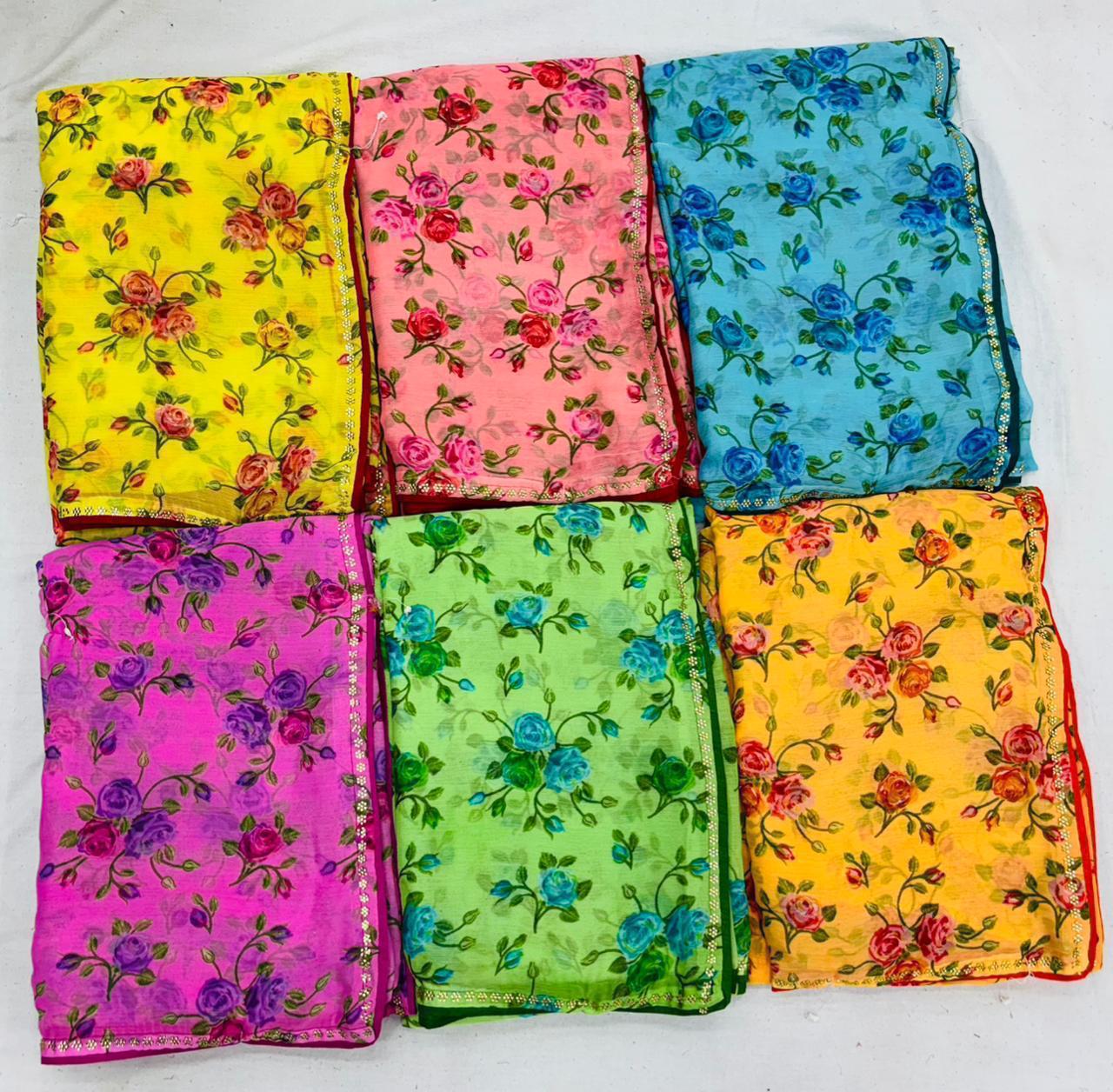 Printed Chiffon -04 Saree with Floral Design-6 PCS Set – M.R. Saree Emporium