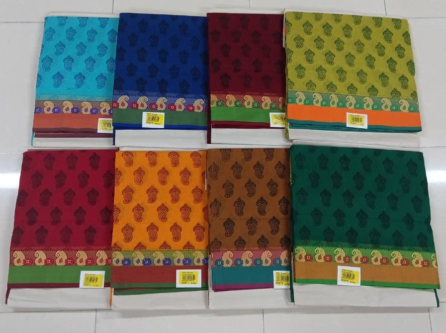 Premium Cotton Printed Saree with Traditional Border | 8 Pcs Set – M.R. Saree Emporium