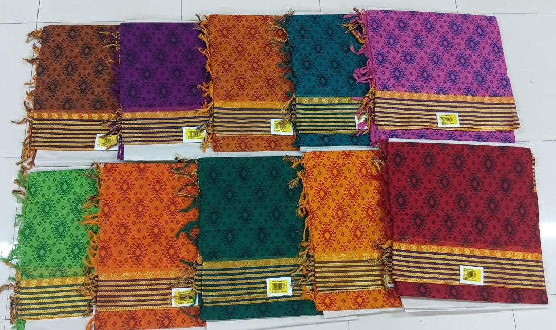 Premium Cotton Printed Saree with Tassels & Traditional Border 10 Pcs Set – M.R. Saree Emporium