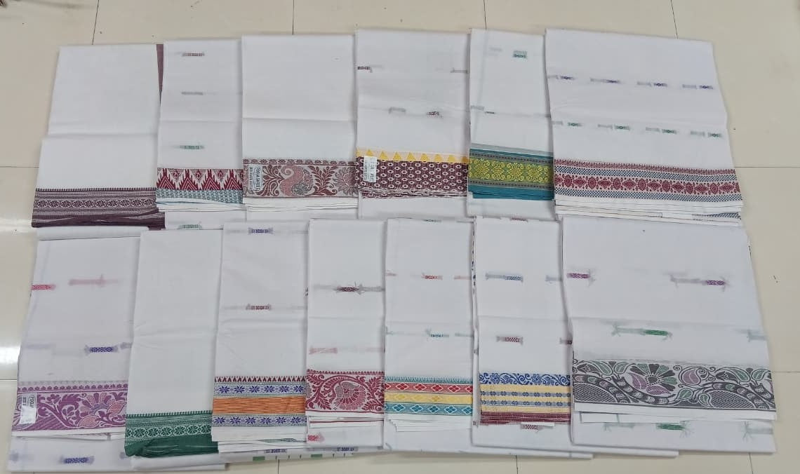 Premium White Cotton Saree with Traditional Printed Border 13 Pcs Set – M.R. Saree Emporium