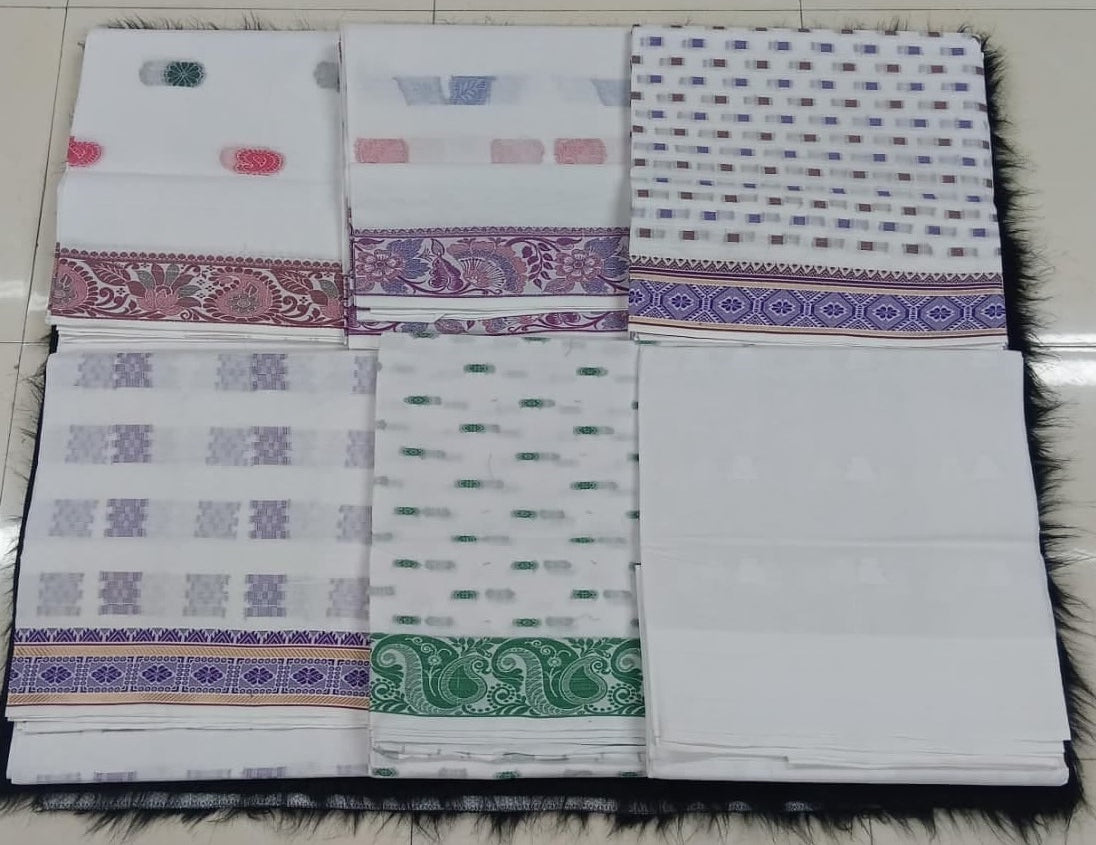 Premium White Cotton Saree with Printed Border 5 Pcs Set – M.R. Saree Emporium
