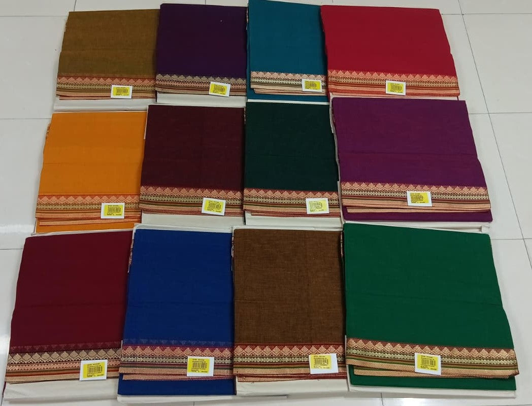 Premium Cotton Plain Saree with Traditional Woven Border 12 Pcs Set – M.R. Saree Emporium