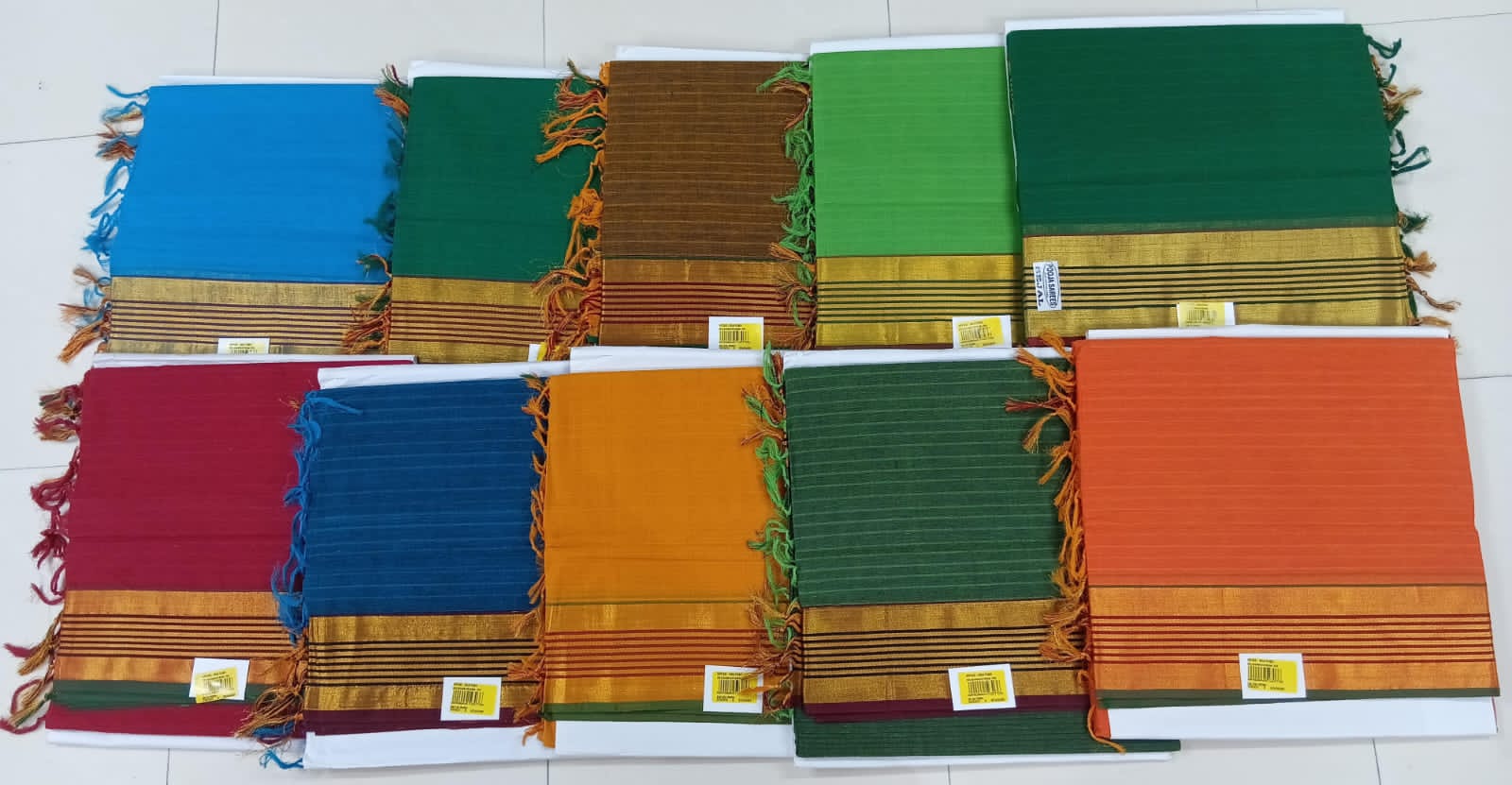 Premium Cotton Saree with Golden Border & Tassels 10 Pcs Set – M.R. Saree Emporium