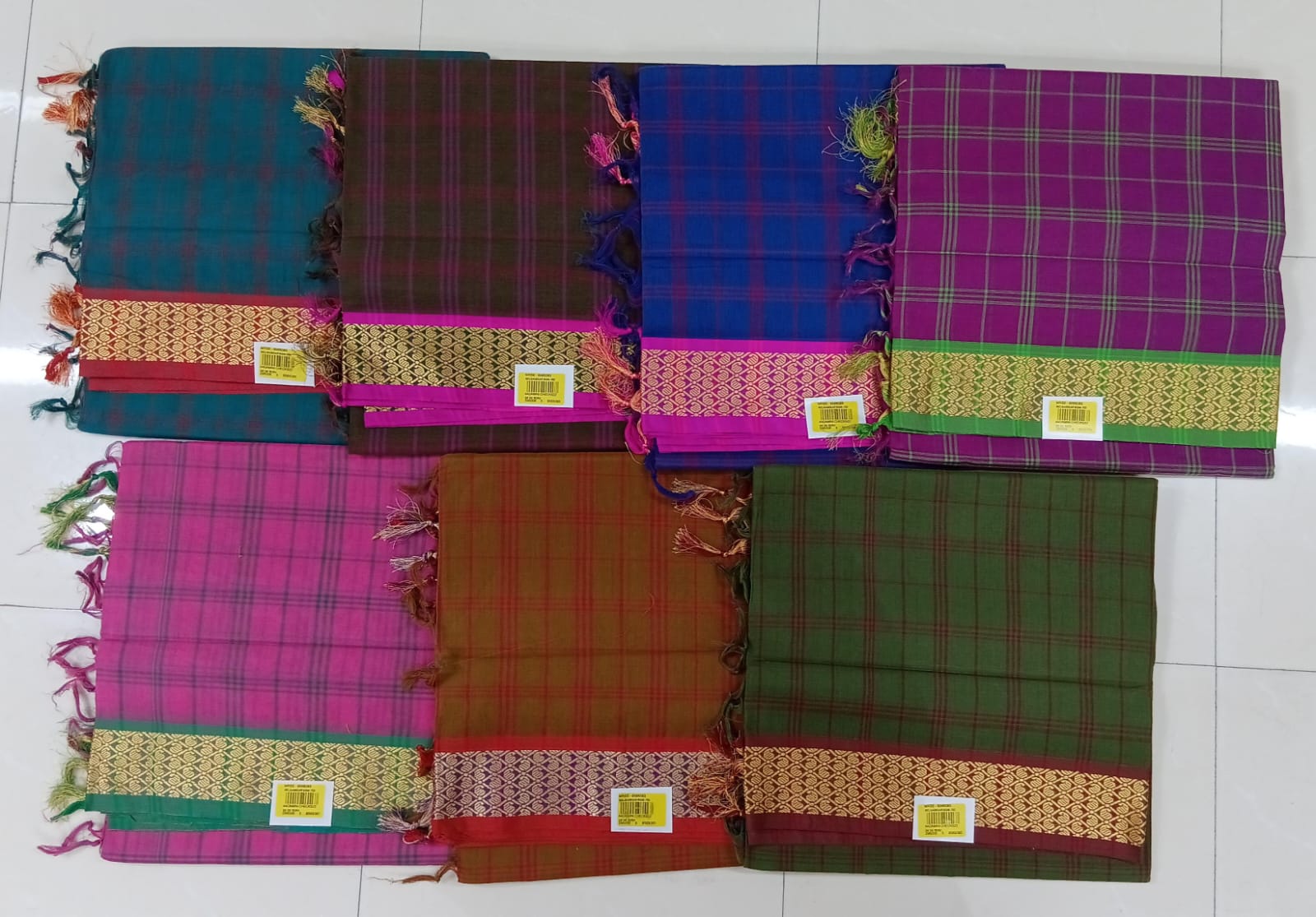 Premium Cotton Check Saree with Golden Woven Border & Tassels 7 Pcs Set – M.R. Saree Emporium