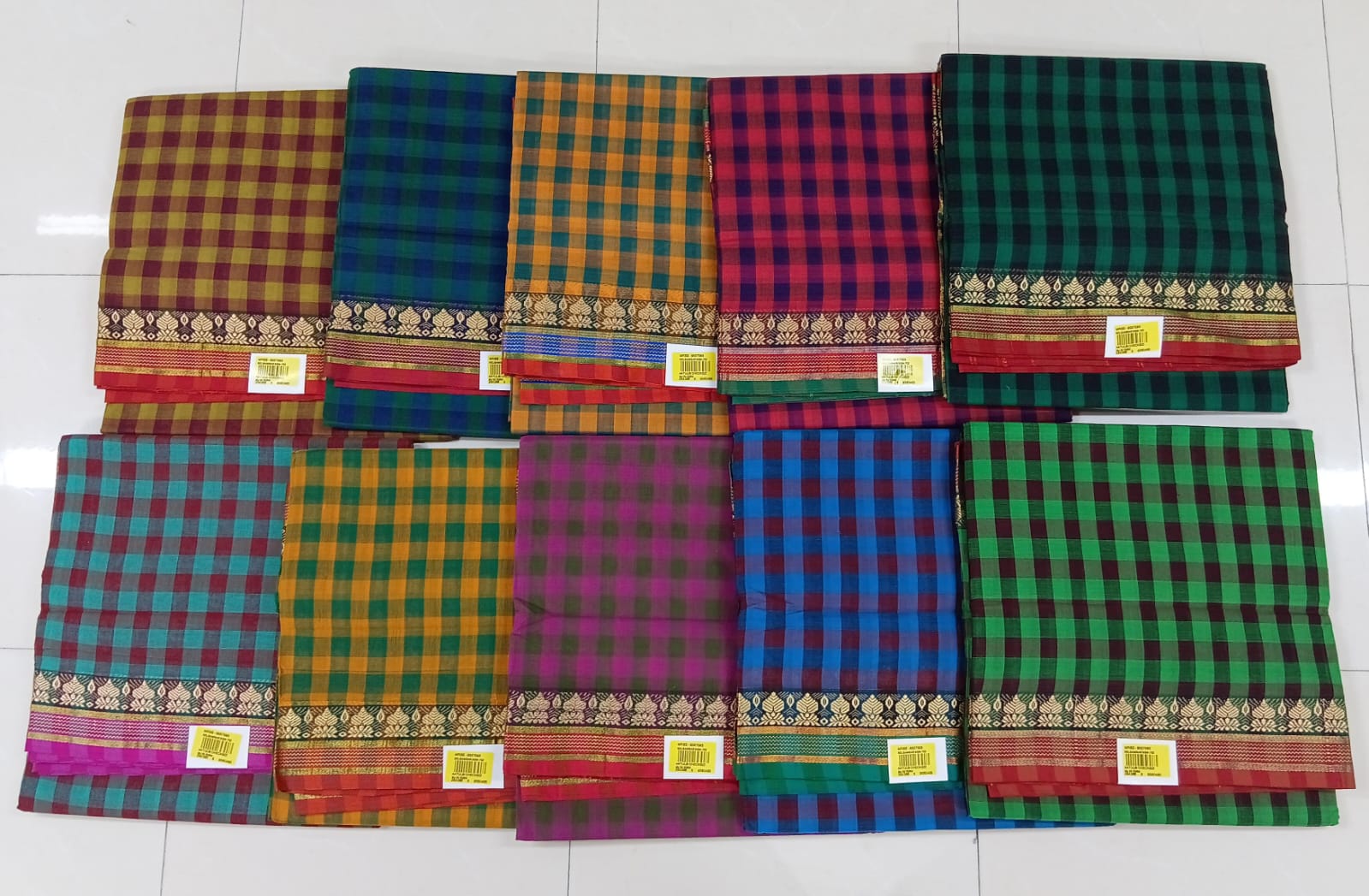Premium Cotton Check Saree with Traditional Woven Border 10 Pcs Set – M.R. Saree Emporium