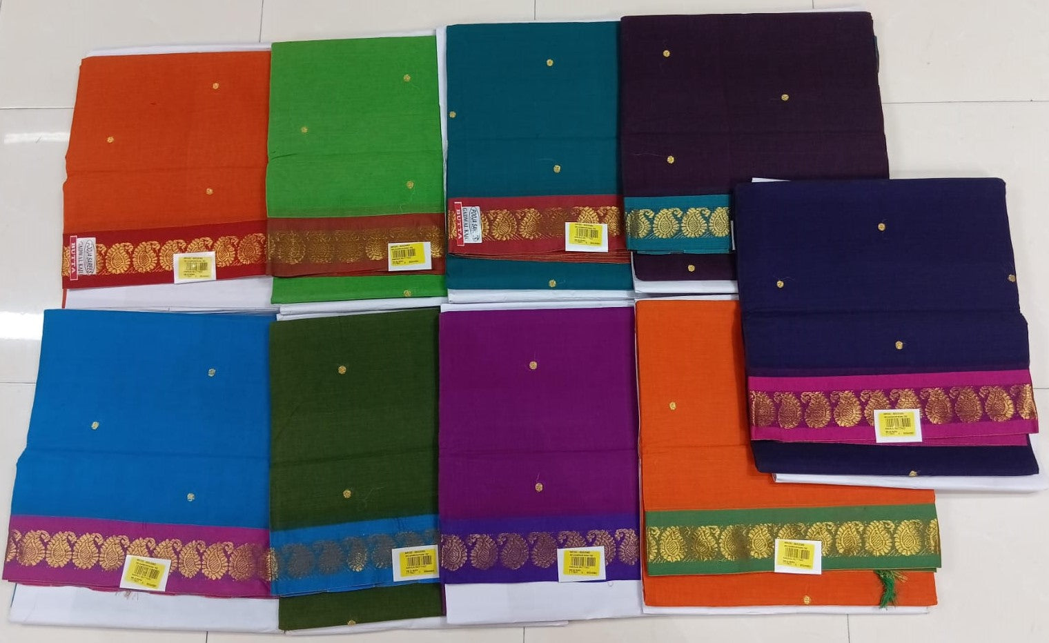 Premium Cotton Saree with Gold Butti & Rich Zari Border 9 Pcs Set – M.R. Saree Emporium