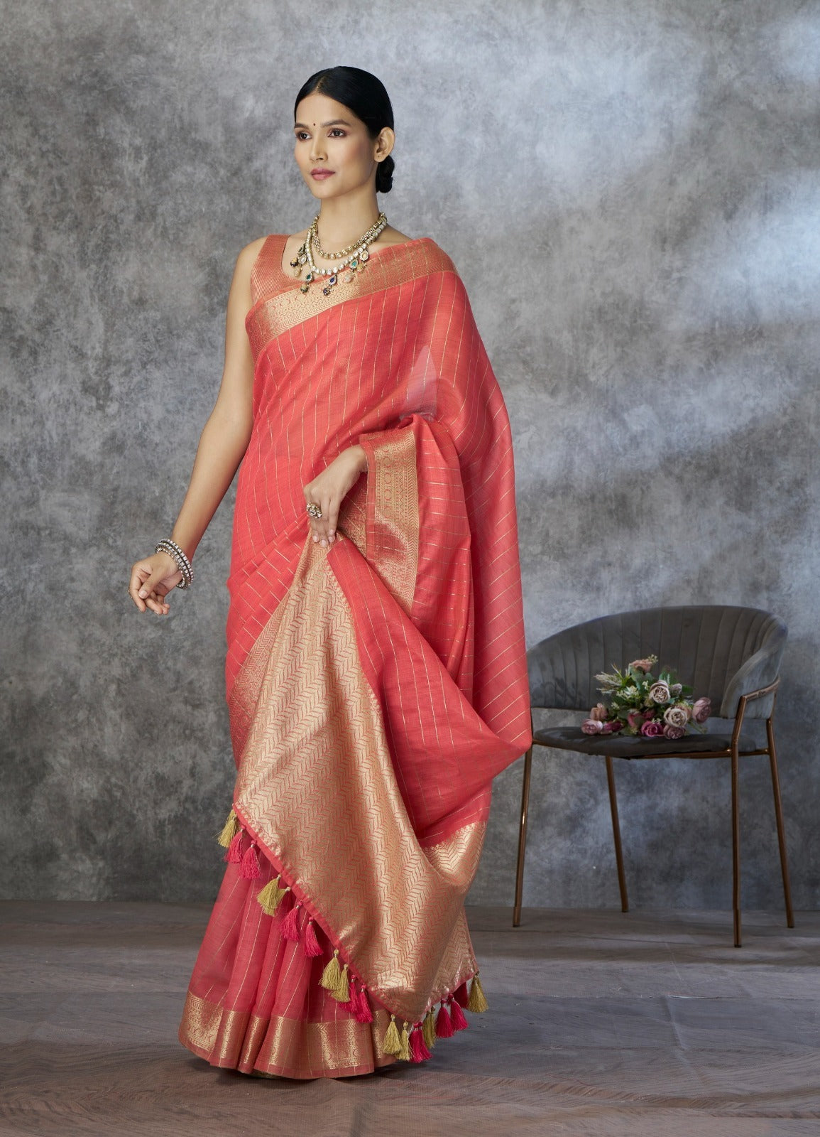 Women's Cotton Silk Saree with Zari Woven Border & Tassels