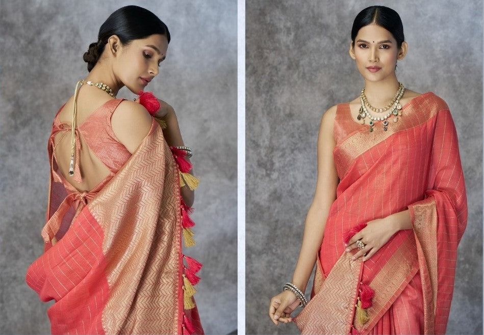 Women's Cotton Silk Saree with Zari Woven Border & Tassels