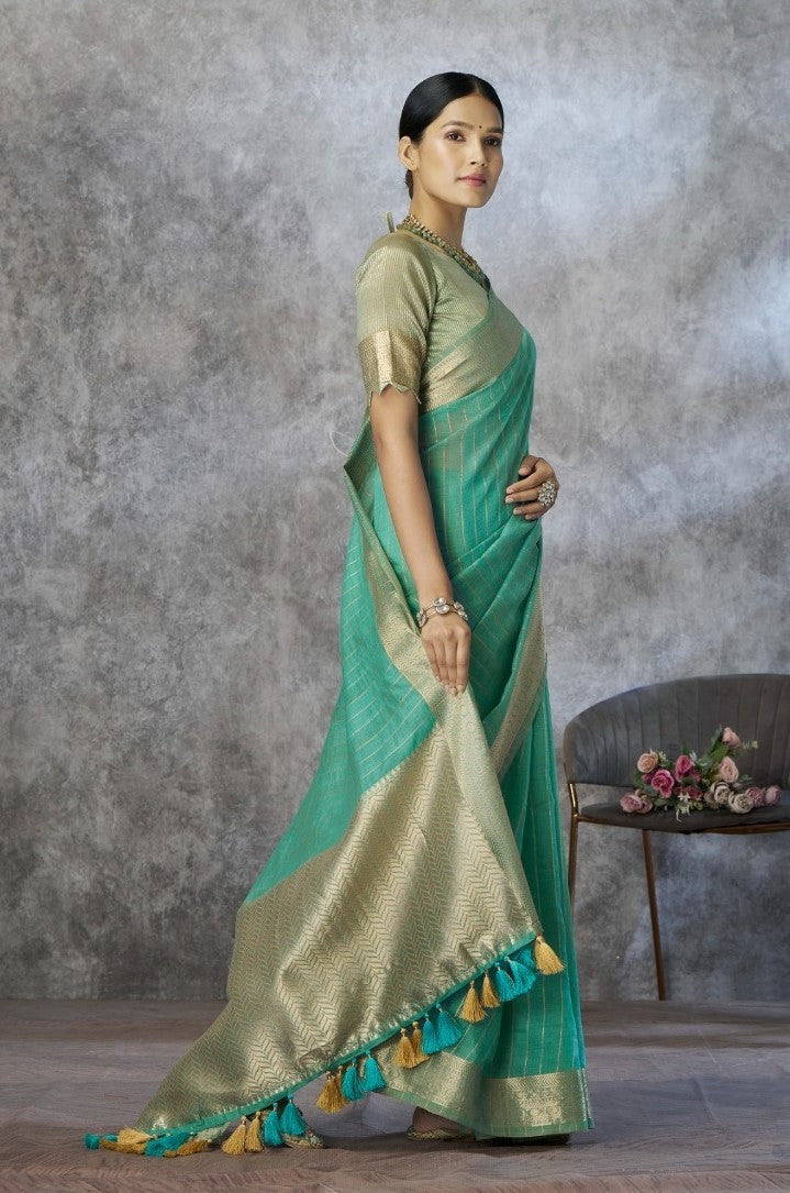 Women's Cotton Silk Saree with Zari Woven Border & Tassels