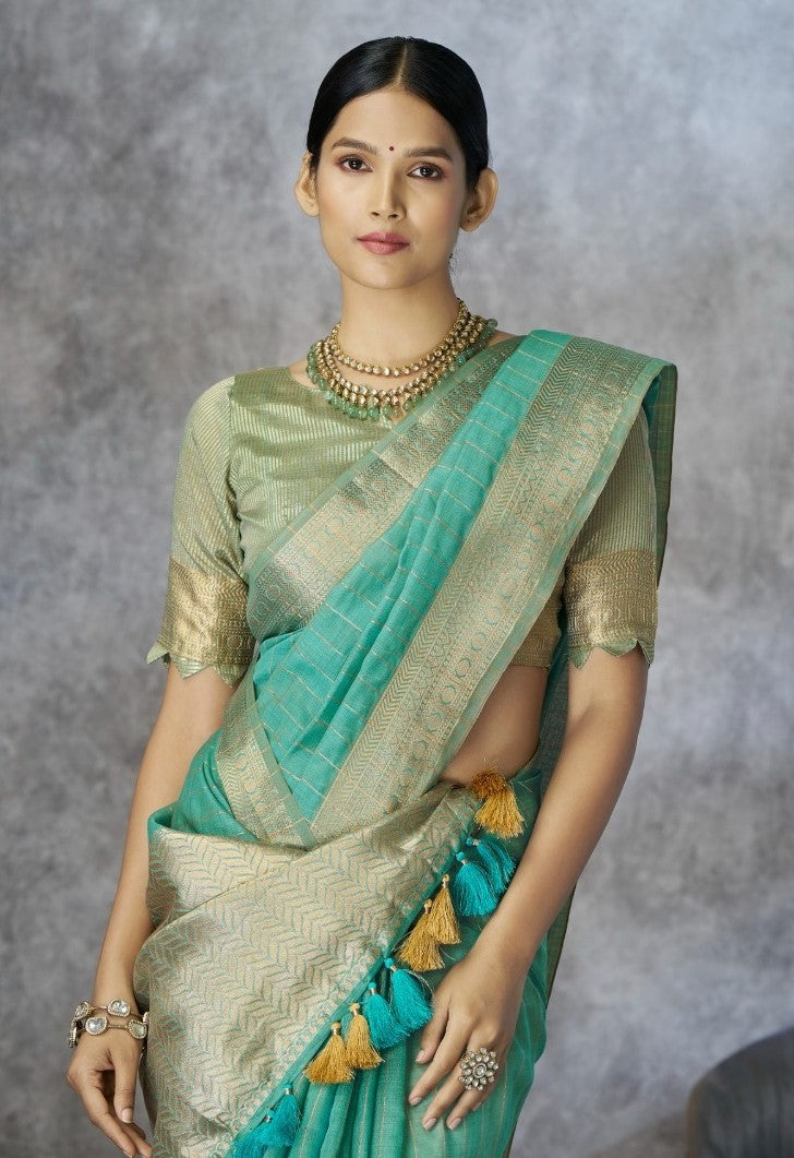 Women's Cotton Silk Saree with Zari Woven Border & Tassels