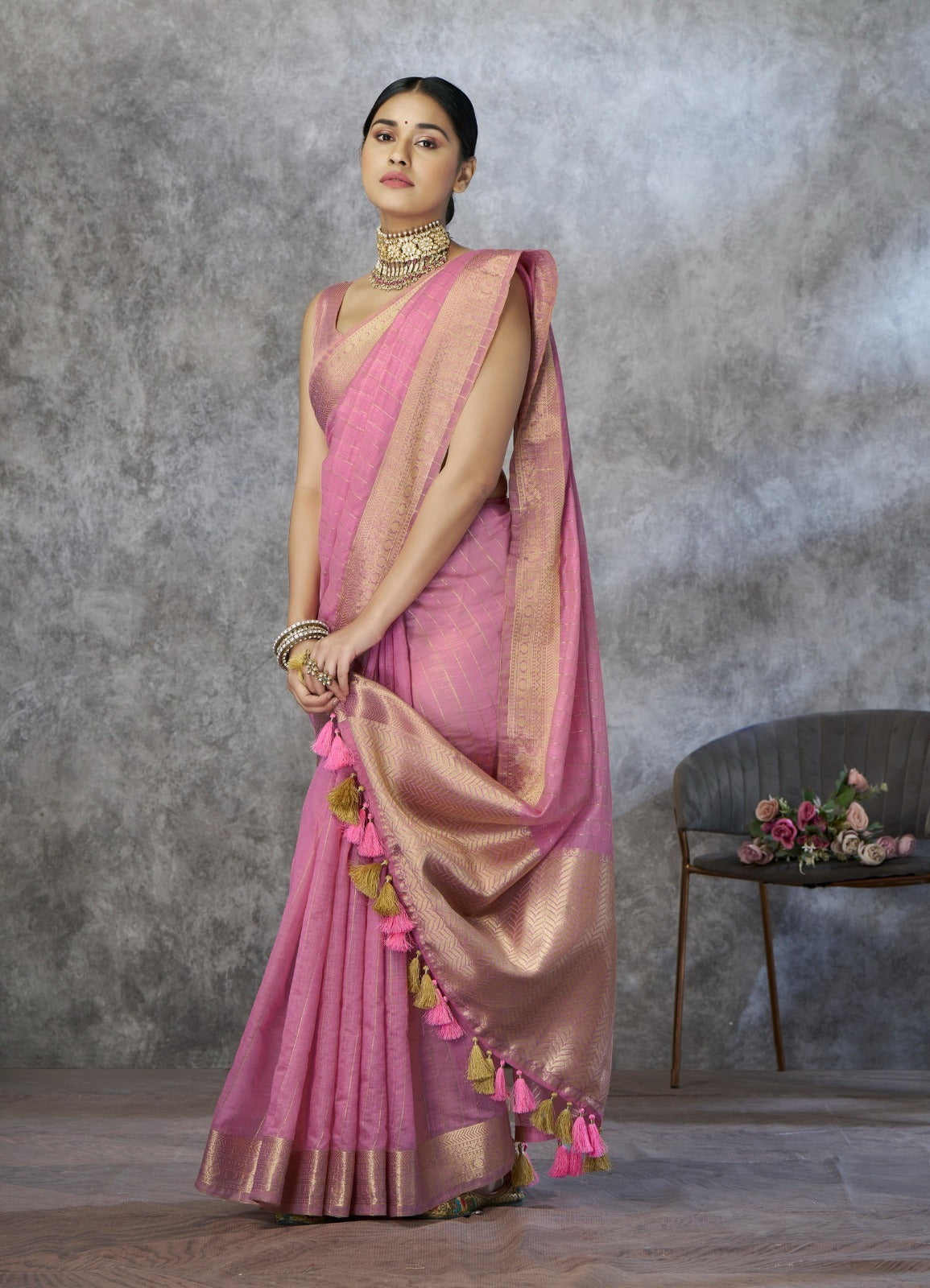 RajPath Ronak Cotton Silk Saree with Zari Woven Border - 6 PCS Set