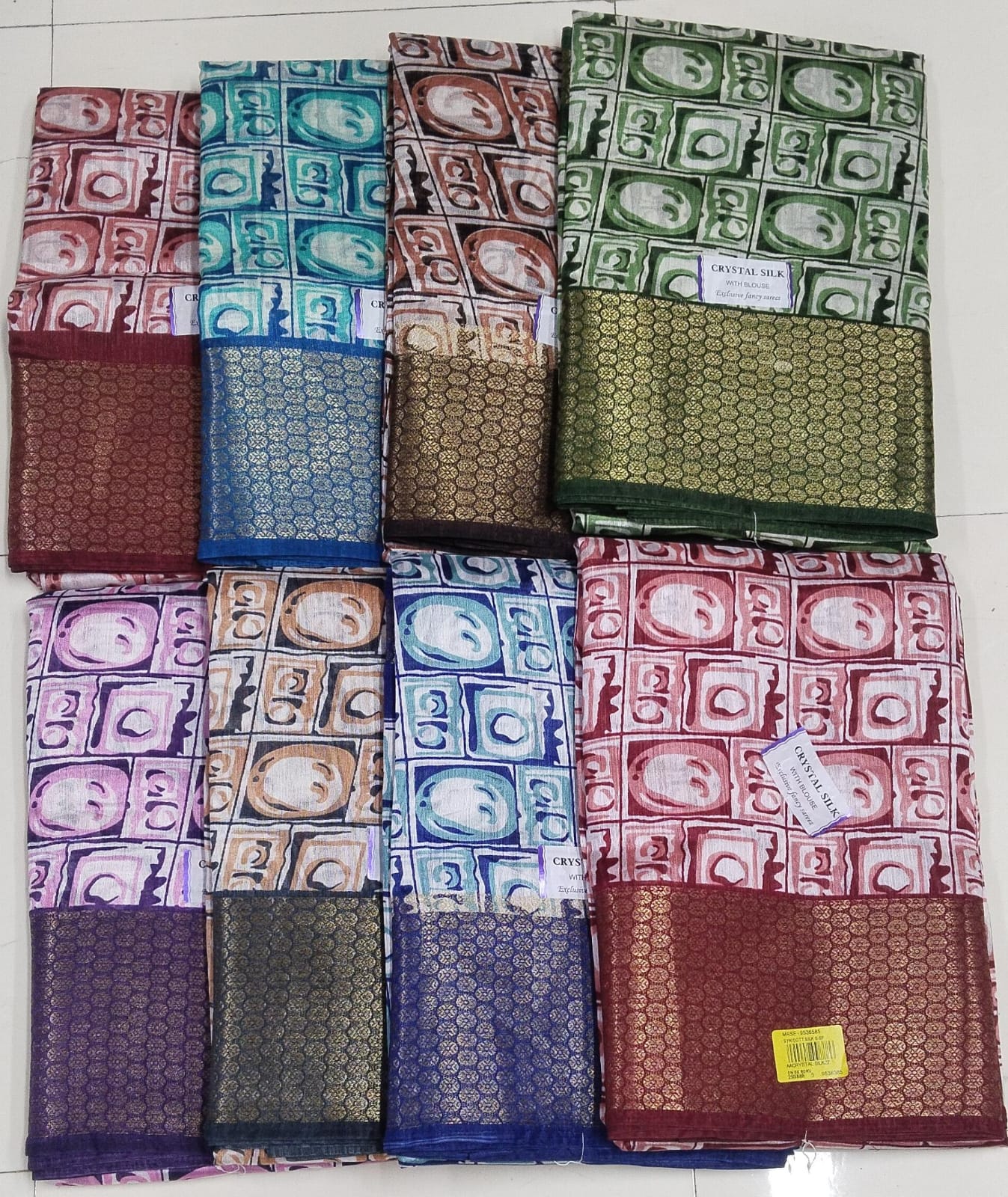 Crystal Silk Saree Set - 8 Pcs Set - Geometric Abstract Design - Rich Zari Border - With Blouse - M.R. Saree Emporium