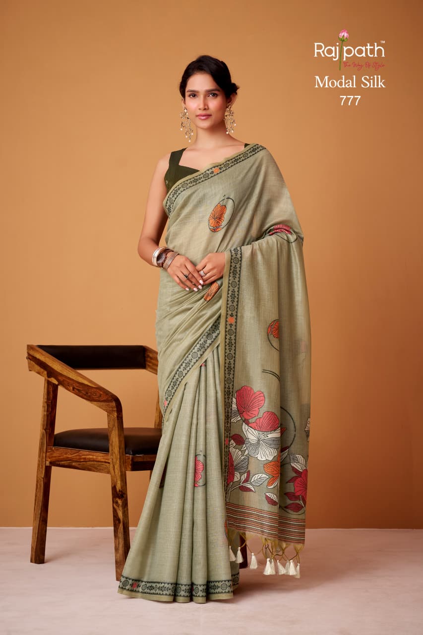 RajPath Silver Pearls Silk Jamdani Cotton Saree - Premium Floral Print Collection