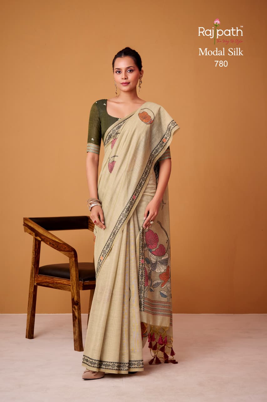RajPath Silver Pearls Silk Jamdani Cotton Saree - Premium Floral Print Collection
