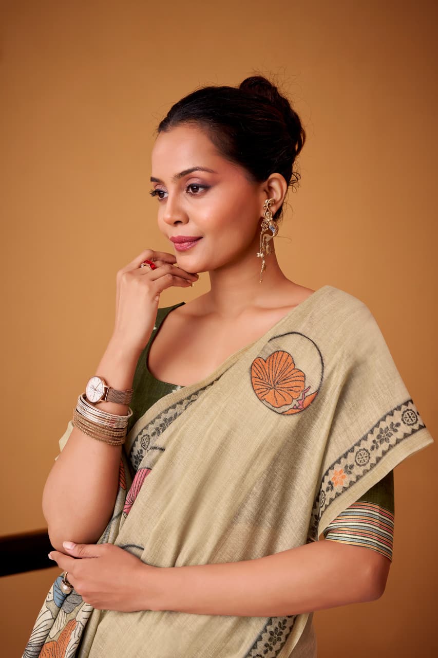 RajPath Silver Pearls Silk Jamdani Cotton Saree - Premium Floral Print Collection