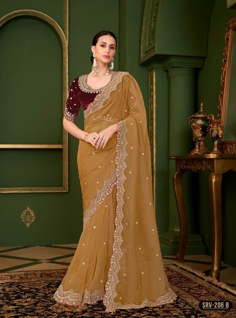 Premium Designer Chinon Saree with Heavy Embroidery & Velvet Blouse