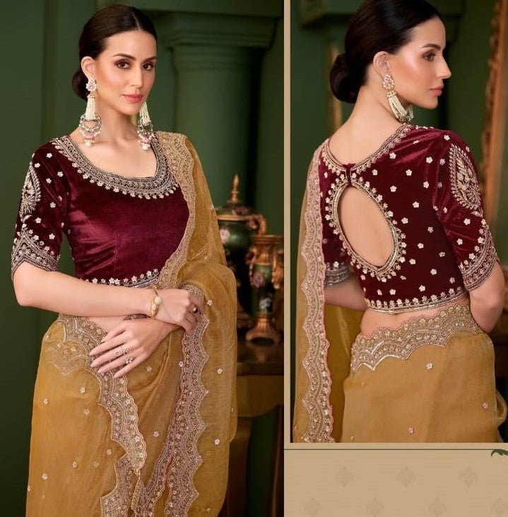 Premium Designer Chinon Saree with Heavy Embroidery & Velvet Blouse