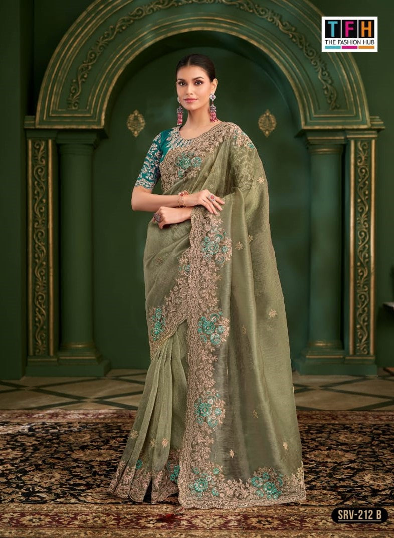 Luxury Chinon Silk Saree with Floral Embroidery & Designer Blouse