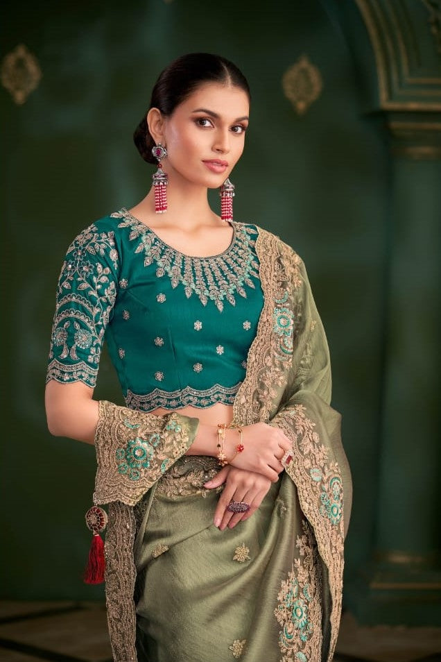 Luxury Chinon Silk Saree with Floral Embroidery & Designer Blouse