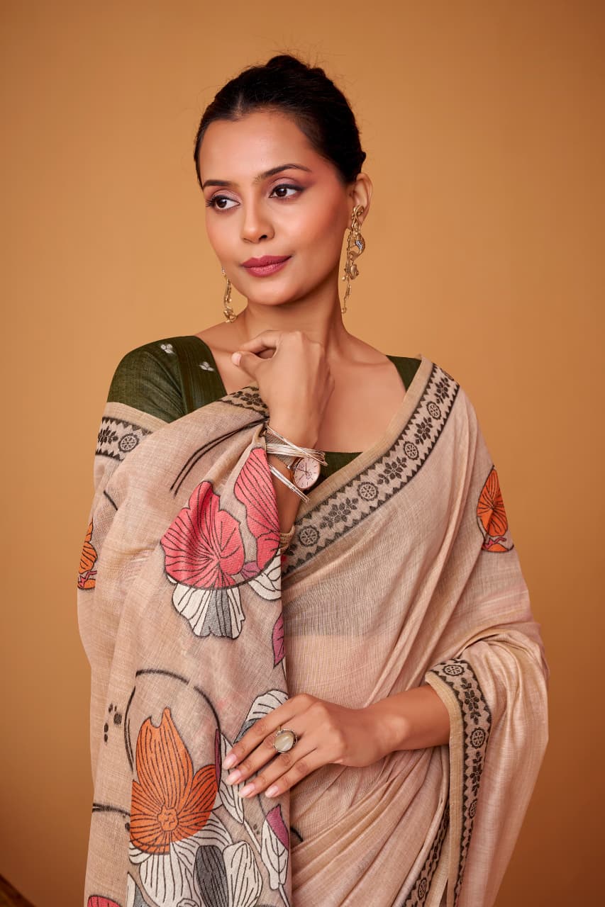 Premium Jamdani Cotton Saree - Floral Print Designer Border