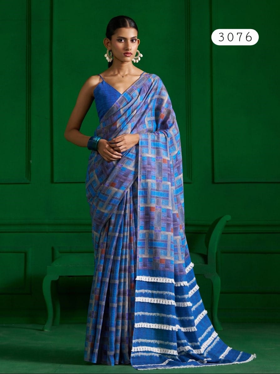 Mono Poley Denim Collection Denim Blue Printed Saree with Hand Embroidery - Viscose Mull Designer Saree - M.R. Saree Emporium