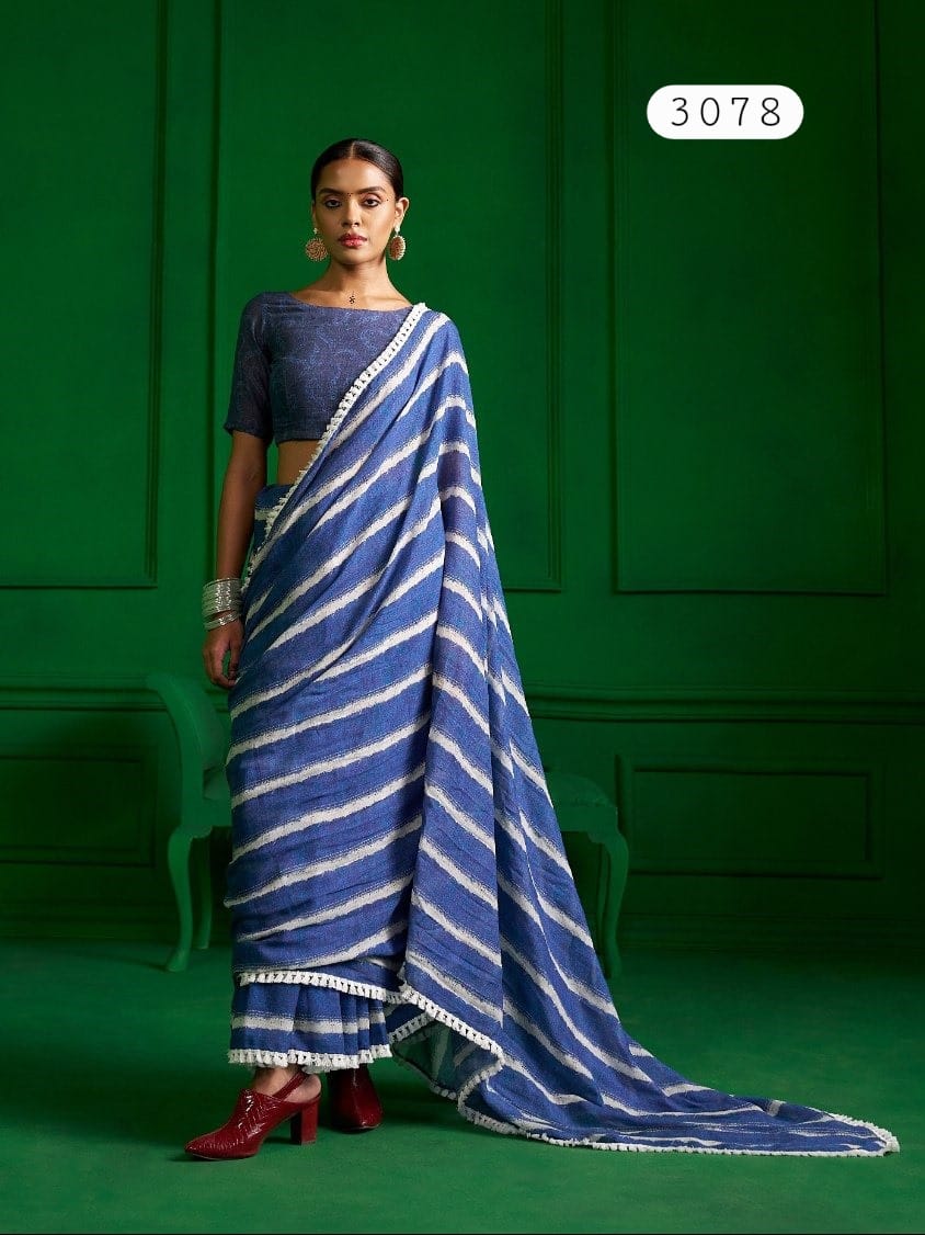 Mono Poley Denim Collection Denim Blue Printed Saree with Hand Embroidery - Viscose Mull Designer Saree - M.R. Saree Emporium