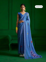 Mono Poley Denim Collection Denim Blue Printed Saree with Hand Embroidery - Viscose Mull Designer Saree - M.R. Saree Emporium