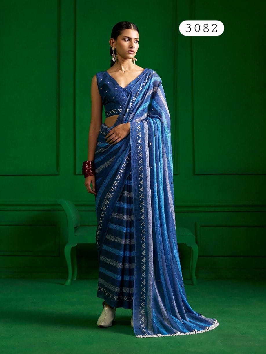 Mono Poley Denim Collection Denim Blue Printed Saree with Hand Embroidery - Viscose Mull Designer Saree - M.R. Saree Emporium