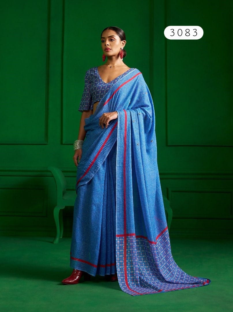 Mono Poley Denim Collection Denim Blue Printed Saree with Hand Embroidery - Viscose Mull Designer Saree - M.R. Saree Emporium
