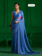 Mono Poley Denim Collection Denim Blue Printed Saree with Hand Embroidery - Viscose Mull Designer Saree - M.R. Saree Emporium