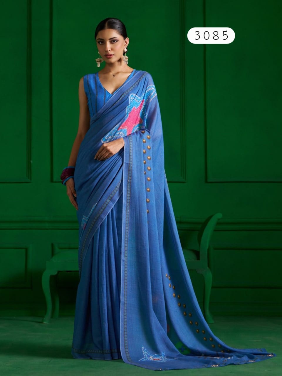 Mono Poley Denim Collection Denim Blue Printed Saree with Hand Embroidery - Viscose Mull Designer Saree - M.R. Saree Emporium