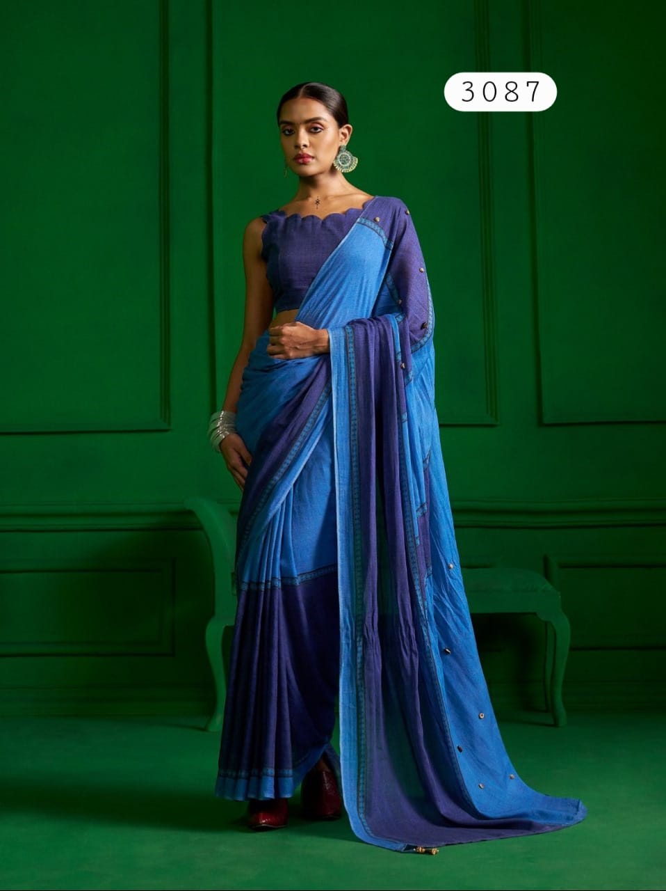 Mono Poley Denim Collection Denim Blue Printed Saree with Hand Embroidery - Viscose Mull Designer Saree - M.R. Saree Emporium