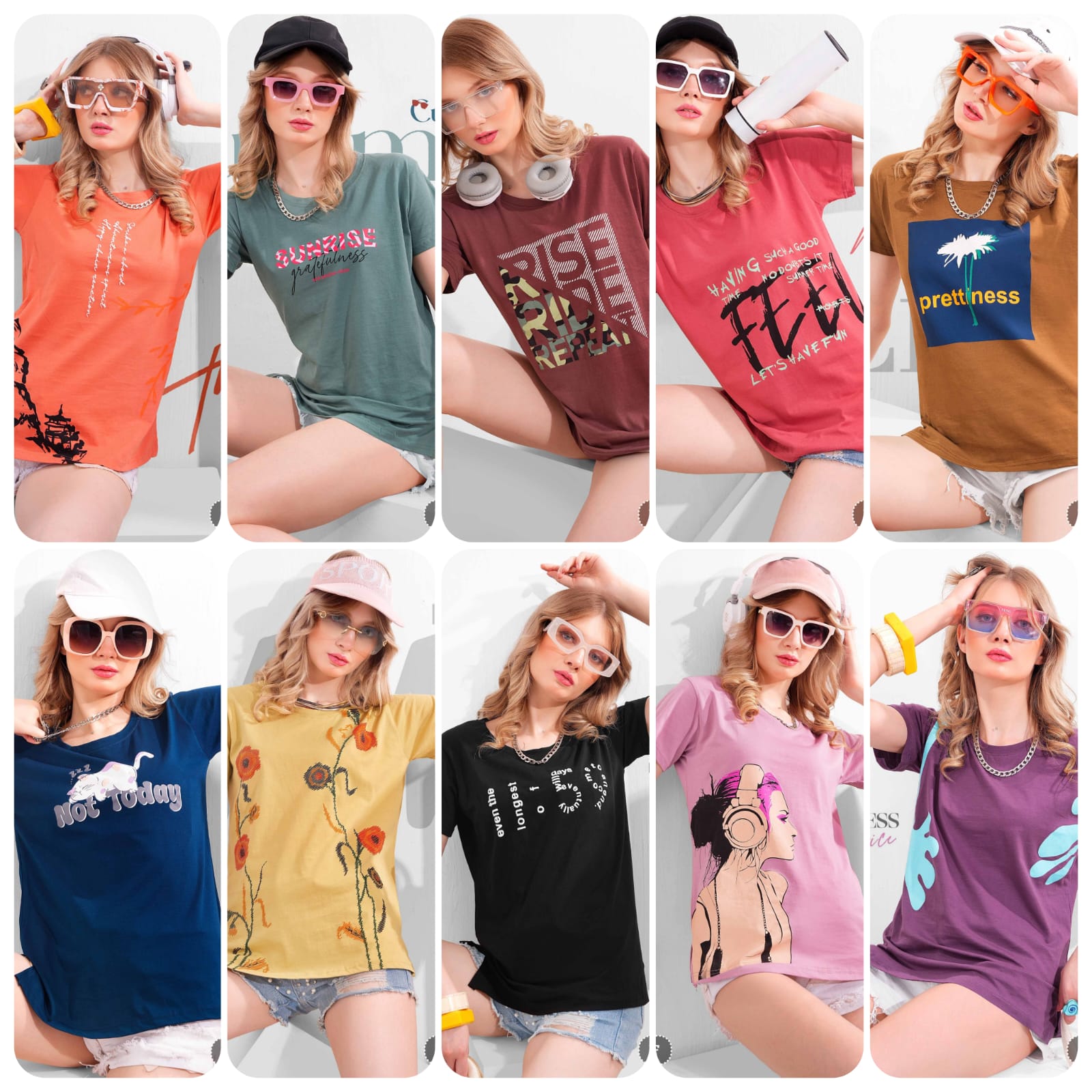 Lichi Women's Printed Cotton Hosiery T-Shirt - 10 Pcs Set