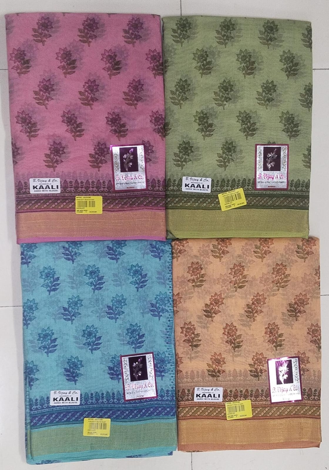 Cotton Printed Saree Set - 4 Pcs Set - Leaf Motif Design - Zari Border - With Blouse - Kaali Collection - M.R. Saree Emporium