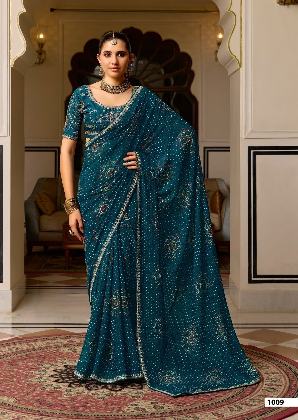 Stavan Devi Georgette Fancy Saree with Meena Border - 5 Pcs Set