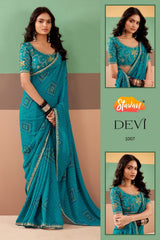 Stavan Devi Georgette Fancy Saree with Meena Border - 5 Pcs Set
