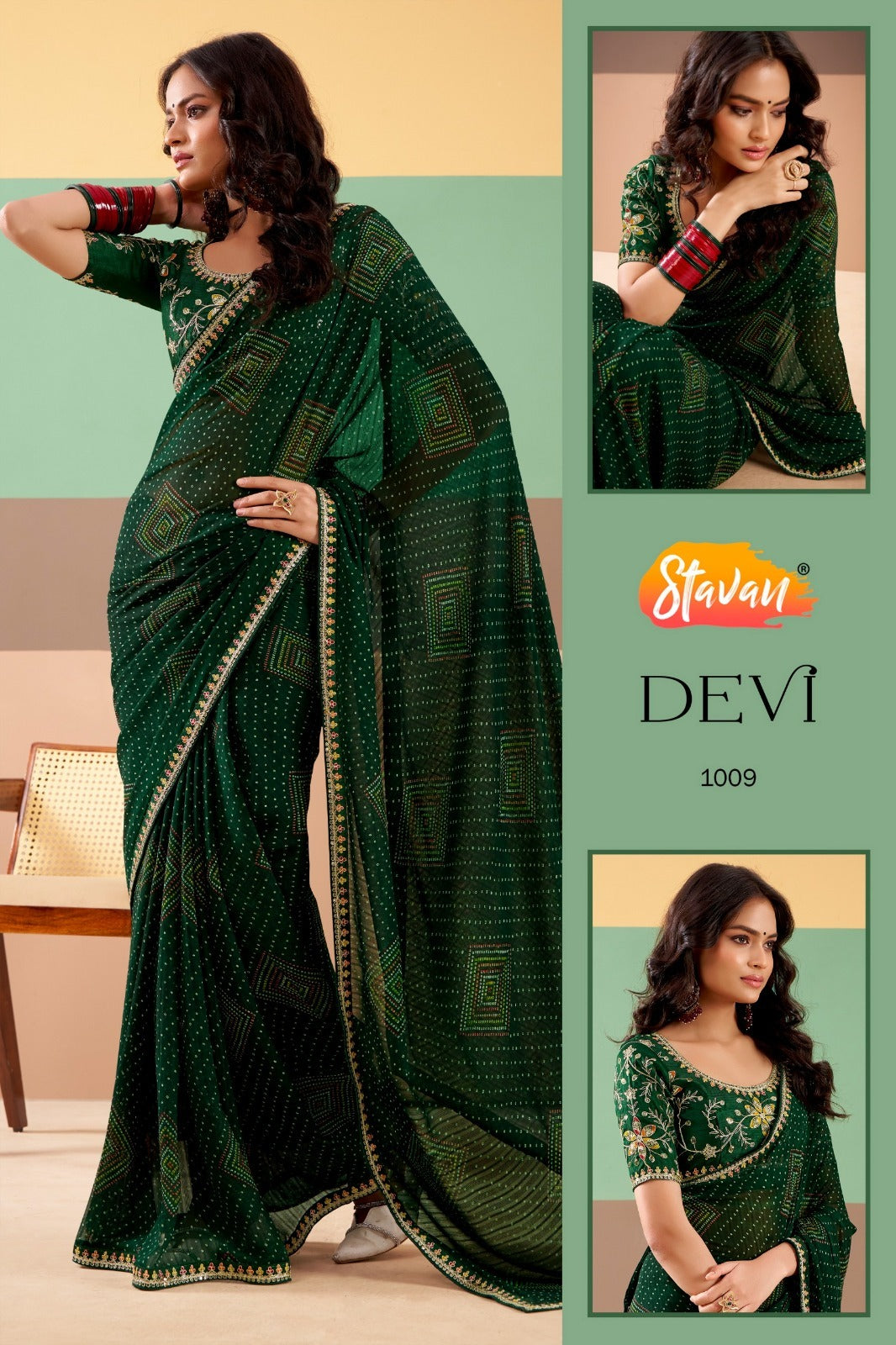 Stavan Devi Georgette Fancy Saree with Meena Border - 5 Pcs Set