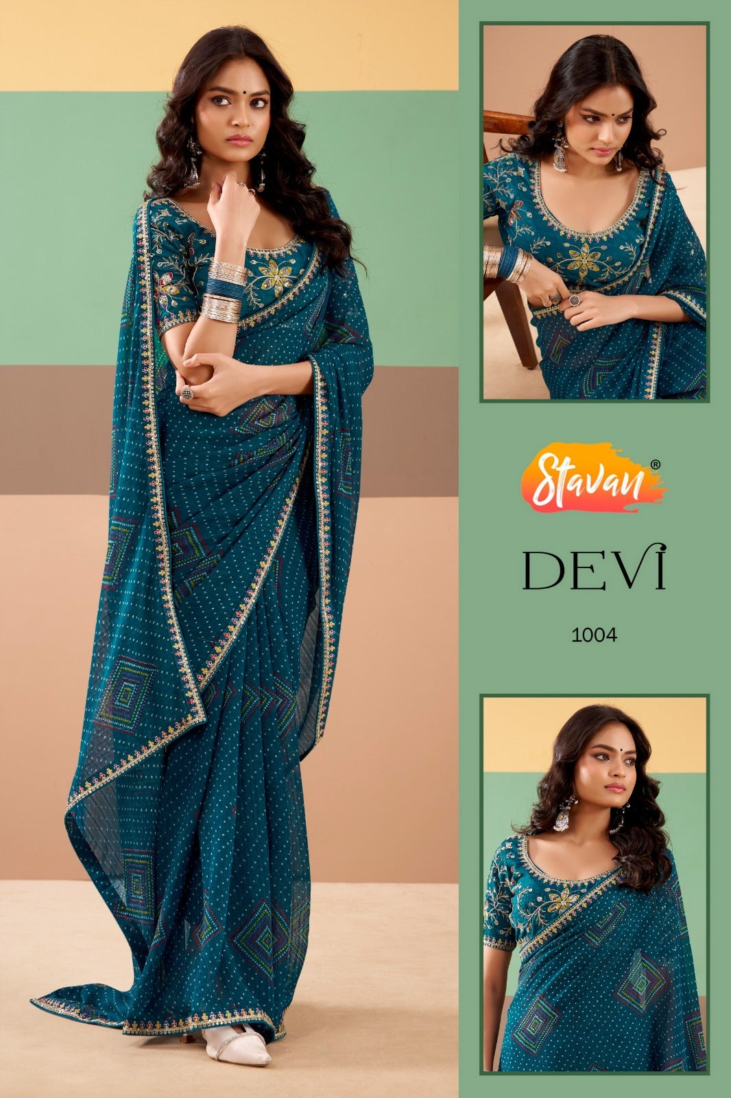 Stavan Devi Georgette Fancy Saree with Meena Border - 5 Pcs Set