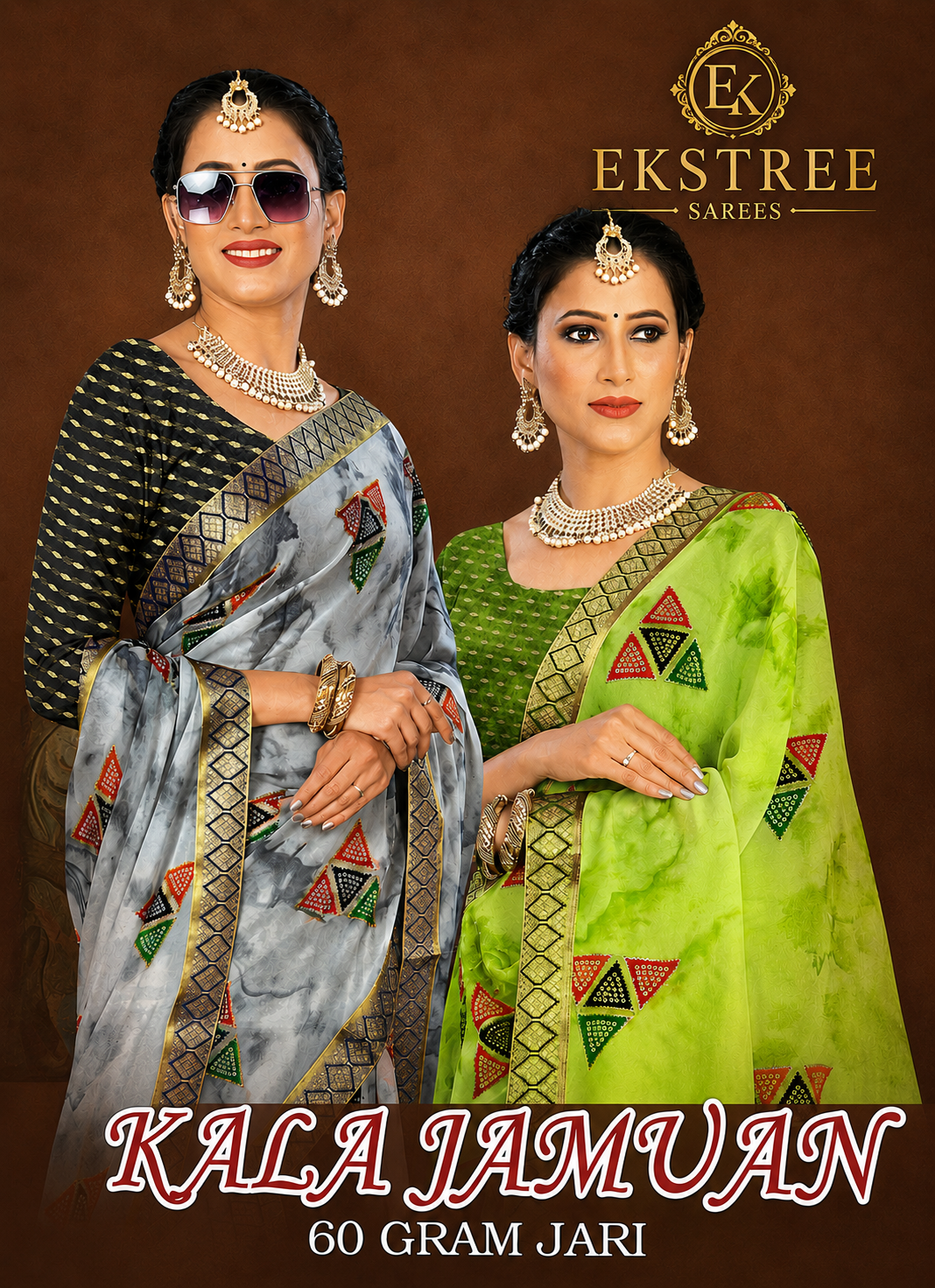 EkStree - Kala Jamun 60 Gram Jari Georgette Printed Saree 8 Pcs Set With Blouse - Premium Festive Collection - M.R. Saree Emporium
