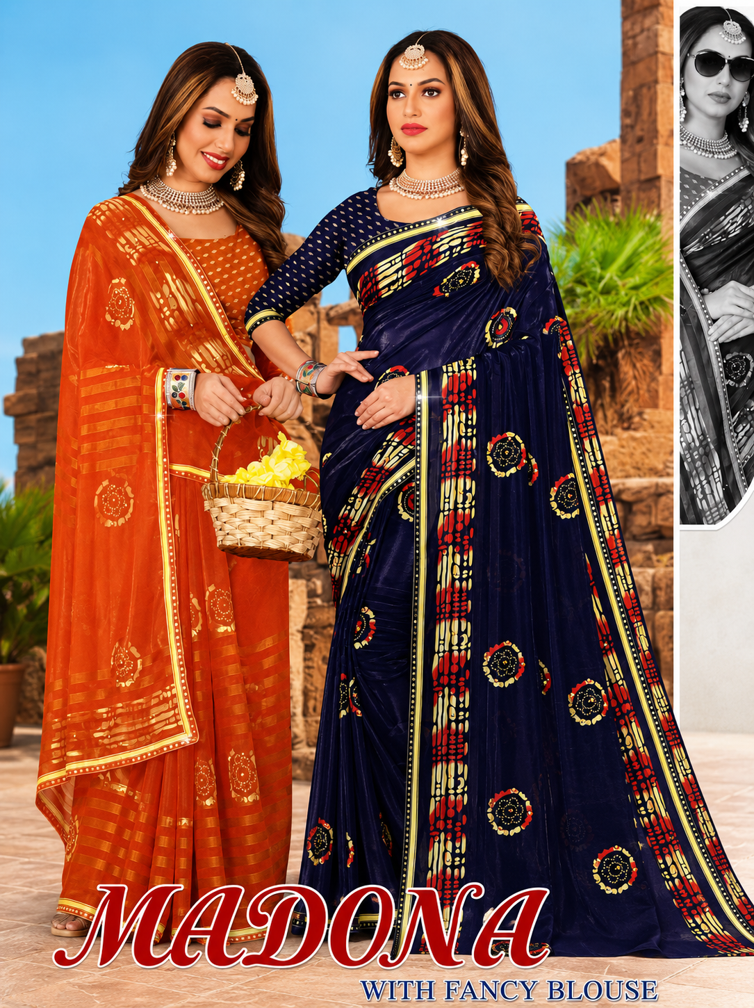 EkStree - Madona Georgette Printed Saree 8 Pcs Set With Fancy Blouse - Casual & Festival Wear - M.R. Saree Emporium