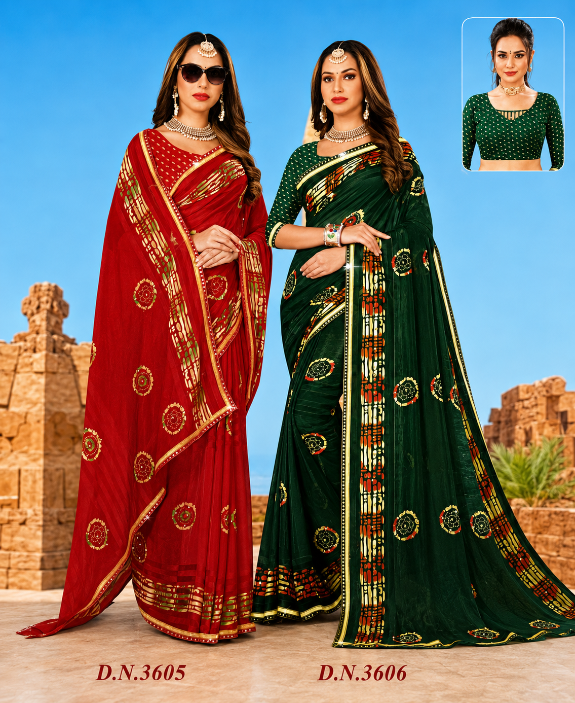 EkStree - Madona Georgette Printed Saree 8 Pcs Set With Fancy Blouse - Casual & Festival Wear - M.R. Saree Emporium