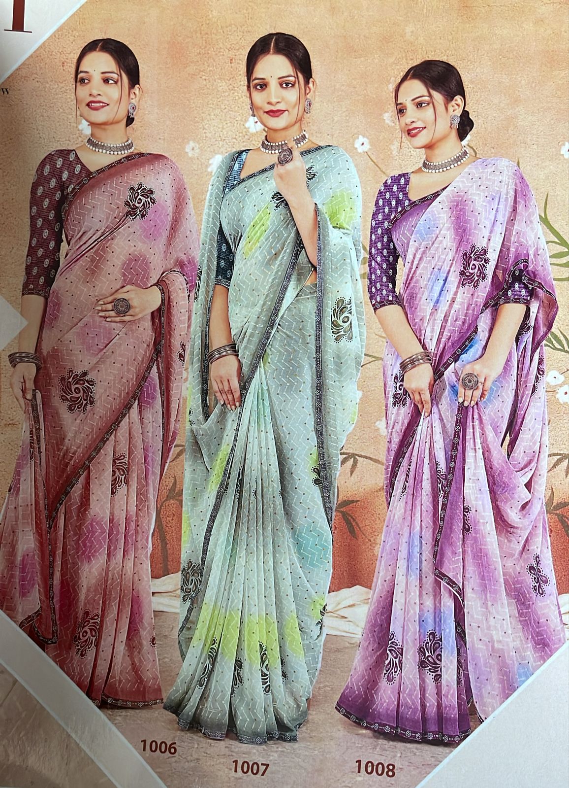 EkStree - Poonam Vol-4 Georgette Fancy Print Saree 8 Pcs Set With Swarovski Lace Border - Premium Festive Collection - M.R. Saree Emporium