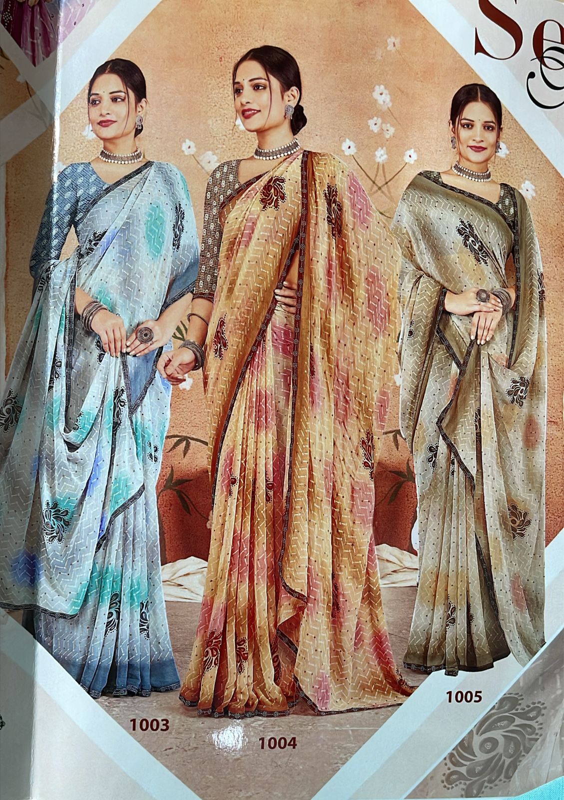 EkStree - Poonam Vol-4 Georgette Fancy Print Saree 8 Pcs Set With Swarovski Lace Border - Premium Festive Collection - M.R. Saree Emporium