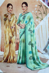 EkStree - Poonam Vol-4 Georgette Fancy Print Saree 8 Pcs Set With Swarovski Lace Border - Premium Festive Collection - M.R. Saree Emporium