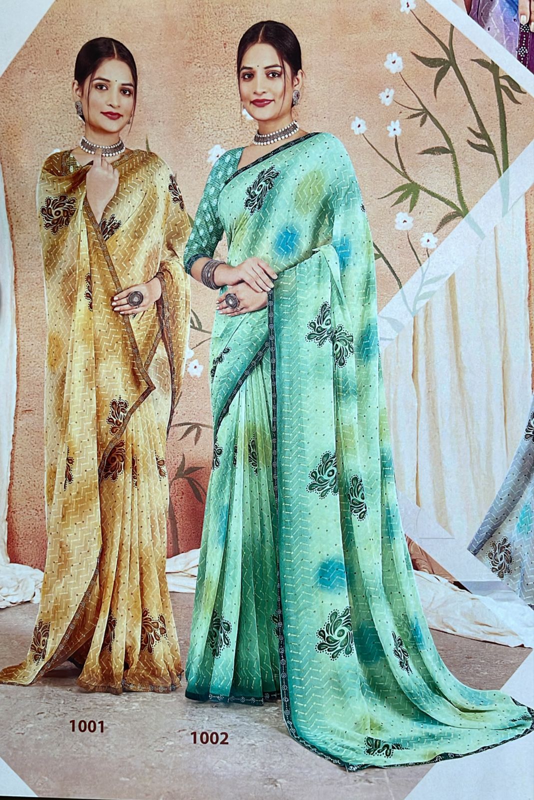 EkStree - Poonam Vol-4 Georgette Fancy Print Saree 8 Pcs Set With Swarovski Lace Border - Premium Festive Collection - M.R. Saree Emporium