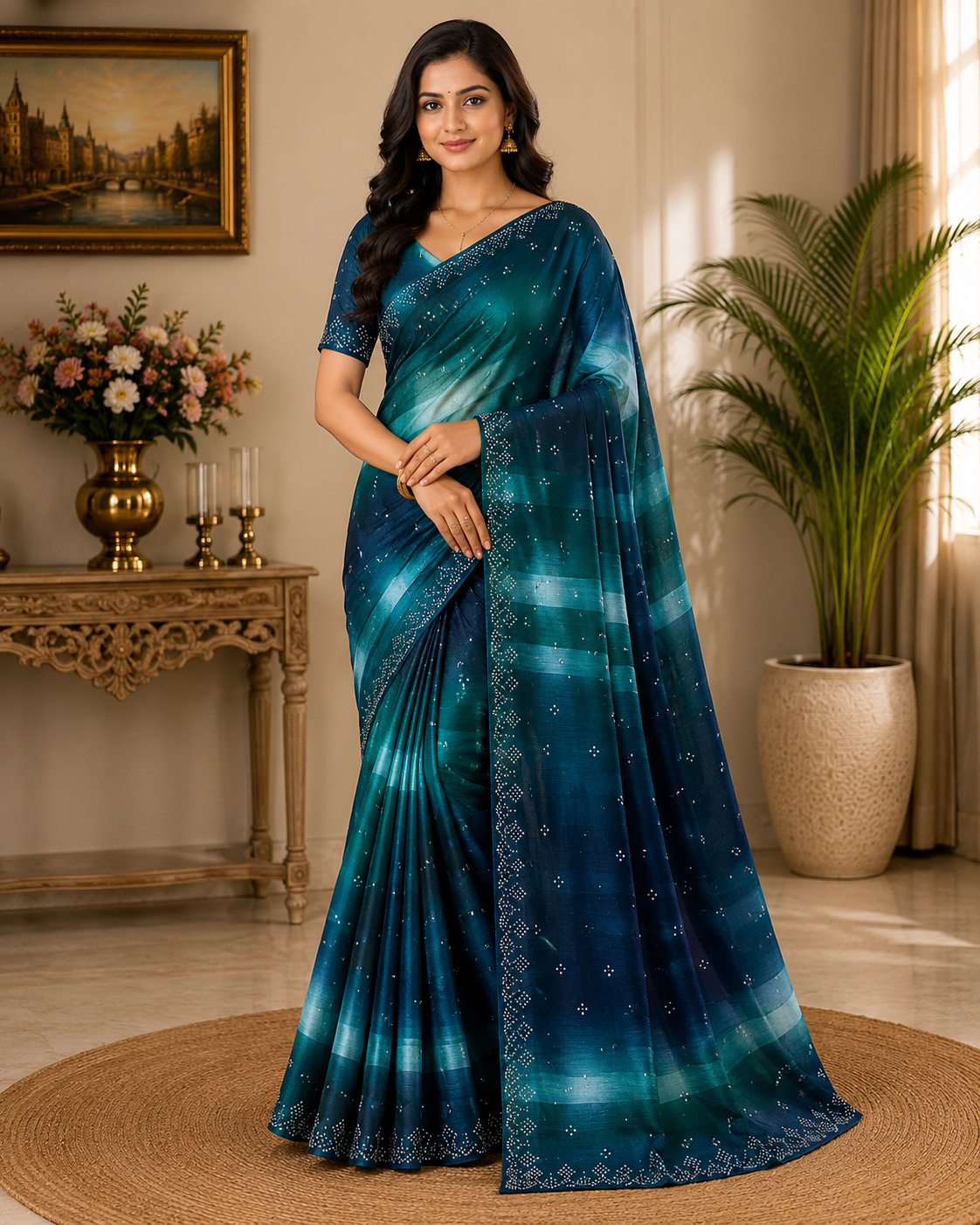 Designer Chiffon Saree with Tie Dye Pattern and Stone Work Border - Lightweight Party Wear Fancy Saree Collection (5 Colors Set) - M.R. Saree Emporium
