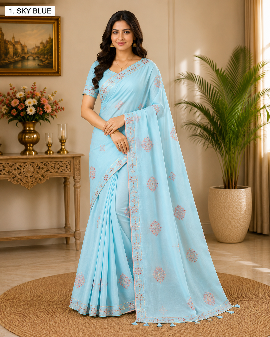 Designer Chiffon Saree with Embroidery Motif and Cutwork Lace Border - Elegant Party Wear Fancy Saree Collection (5 Colors Set) - M.R. Saree Emporium