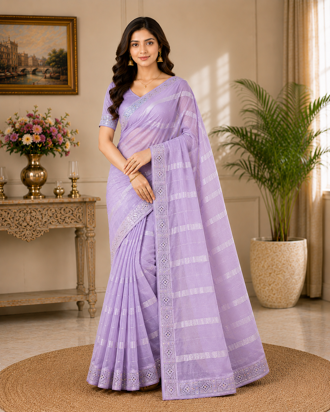 Designer Chiffon Saree with Stone Lace Border - Lightweight Elegant Party Wear Saree Collection (6 Colors Set) - M.R. Saree Emporium