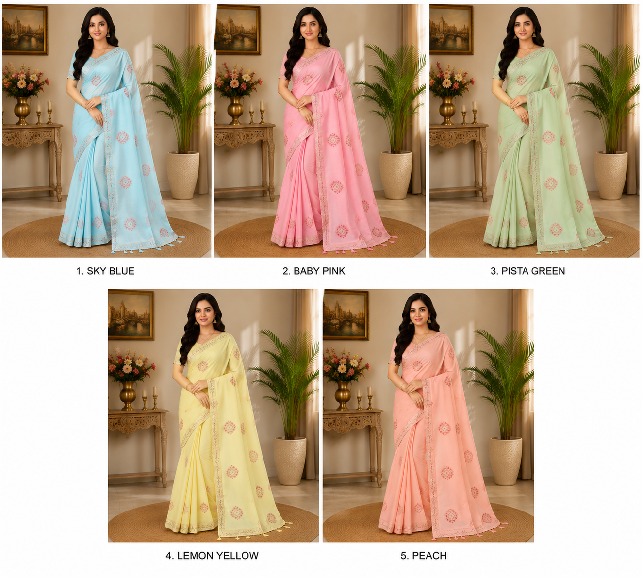 Designer Chiffon Saree with Embroidery Motif and Cutwork Lace Border - Elegant Party Wear Fancy Saree Collection (5 Colors Set) - M.R. Saree Emporium